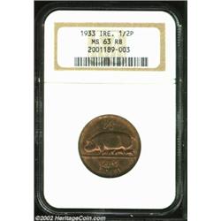 Irish Free State 1/2 Penny 1933, KM2, MS63 Red and Brown NGC, a scarce issue in Uncirculated despite