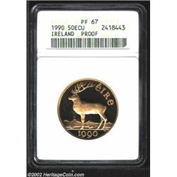 Gold 50 Ecu 1990, KM-M3, PF67 ANACS. An impressive design featuring a stag, and commemorating the EE