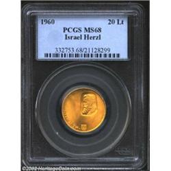 Gold 20 Lirot 1960 Herzl, KM30, MS68 PCGS. A flawless example. Important notice: We expect to be auc