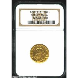 Sicily. Carlo III Gold Oncia 1750, KM14a, MS62 NGC. Important notice: We expect to be auctioning lot