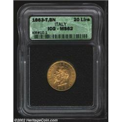 Vittorio Emanuele II Gold 20 Lire 1863-T, BN KM10.1, MS62 ICG. Important notice: We expect to be auc