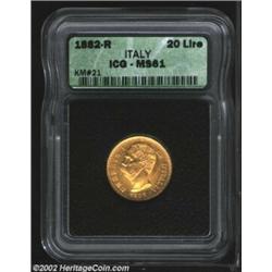 Umberto I Gold 20 Lire 1882, KM21, MS61 ICG. Brilliant with light abrasions. Important notice: We ex