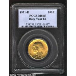 Vittorio Emanuele III Gold 100 Lire 1931-R (Yr.IX), KM71, MS65 PCGS, particularly nice quality for t