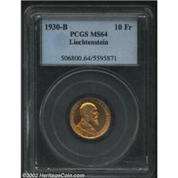 Franz I Gold 10 Franken 1930B, Y11, MS64 PCGS, only year of type and difficult in better Uncirculate