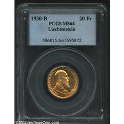 Franz I Gold 20 Franken 1930B, Y12, MS64 PCGS, quite frosty with splashes of coppery-orange patina o