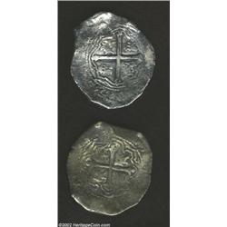 A pair of Philip IV cob 8 reales as follows: 1657 Mo-P, KM45, F.VF with a nice full date; and a 1652