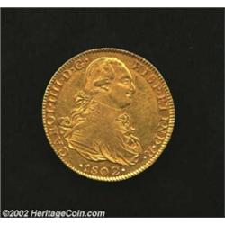 Carlos IV Gold 8 Escudos 1802-FT, KM159, EF, slightly soft strike on the King's shoulder but with bo