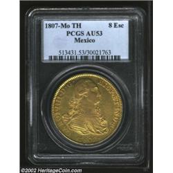 Carlos IV Gold 8 Escudos 1807Mo-TH, KM159, AU53 PCGS, well detailed for the issue, with few apprecia