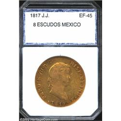 Ferdinand VII Gold 8 Escudos 1817JJ, XF45 PCI (VF, digs in field). Important notice: We expect to be