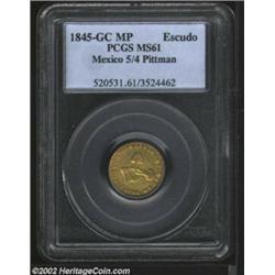 Republic gold 1 escudo 1845/4 GC-MP, Hand on book with date and value below/Eagle on cactus, F-102,.