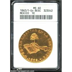 Gold 8 Escudos 1862/1 Go-YE, KM383.7, MS 60 ANACS. Fully brilliant and well-struck, this coin appear