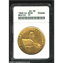 Gold 8 Escudos 1868Go-YF, KM383.7, AU58 ANACS, Krause lists the 1868 as 1868/58, but we see no trace