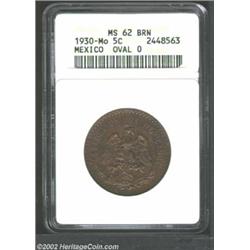 5 Centavos 1930Mo Oval 0, KM422, MS62 Brown ANACS, glossy with tinges of faded orange color. Importa