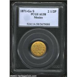 Republic Gold 2 1/2 Pesos 1871Go-S, KM411.3, AU58 PCGS, pale violet patina has a muting effect on bo