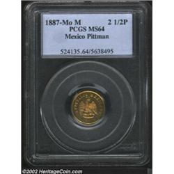 Republic Gold 2 1/2 Pesos 1887 Mo-M, Eagle and snake with date below/Balance scales with value below