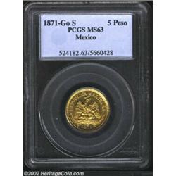 Republic gold 5 peso 1871 Go-S, Eagle and snake with date below/Balance scales with value below, F-1