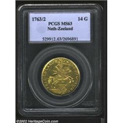 Zeeland gold 14 gulden 1763/2, Knight on horseback/Arms with date and value, F-313, KM-97, MS63 PCGS