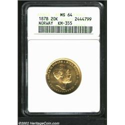 Oscar II Gold 20 Kroner 1878, KM355, MS64 ANACS. Important notice: We expect to be auctioning lots a