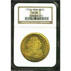 Ferdinand VI Gold 8 Escudos 1752J, KM50, FR16, MS63 NGC, a second and even finer representative of t