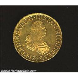 Ferdinand VI Gold 8 Escudos 1757-JM, KM59, smaller bust, Choice XF-AU with beautiful old-time toning