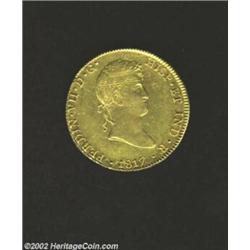 Ferdinand VII Gold 8 Escudos 1817JP, KM129.1, Lustrous XF-AU, small obverse adjustment marks. Import