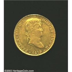 Ferdinand VII Gold 8 Escudos 1819JP, KM129.1, AU, full mint luster, slightly weak strike on the reve