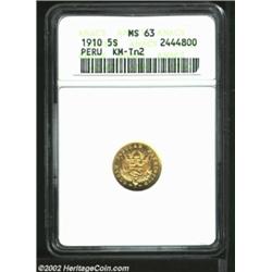 Gold Token 5 Soles 1910, KM-Tn2, MS63 ANACS. Important notice: We expect to be auctioning lots at th