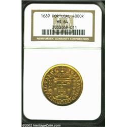 Peter II Gold 4000 Reis 1689, KM156, MS64 NGC, one of the scarcer issues of the type and an impeccab