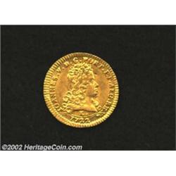 Joao V Gold 1/2 Escudo 1722L, KM210, Choice AU, tiny dig in the obverse field. A very scarce one-yea