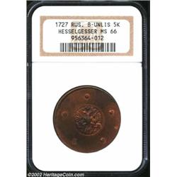 Novodel copper 5 Kopecks 1727-KA, unlisted in Brekke, KMN-K5, MS66 NGC with prooflike surfaces and a