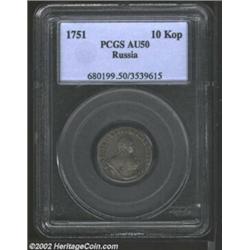 Elizabeth 10 kopecks 1751, Bust right/Crown above value and date, UZD-840, KM-16a, AU50 PCGS. Import