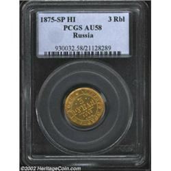 Alexander II Gold 3 Roubles 1875-SP HI, Y26, AU58 PCGS, very scarce type. Important notice: We expec