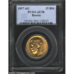 Nicolas II Gold 15 Roubles 1897, Y65, AU58 PCGS, much above average for this unusual denomination. I