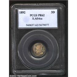 3 Pence 1892, KM3, PR62 PCGS, deeply toned. An estimated 35-40 pieces were struck according to Kraus