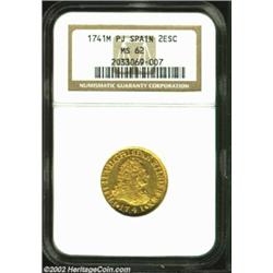 Philip V Gold 2 Escudos 1741S-PJ, KM353, MS62 NGC, subtle die bulge along the base of the obverse. V