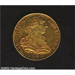 Carlos III Gold 8 Escudos 1779M-PJ, KM409.1, Choice XF-AU, gold and violet toning in the legends.Ex: