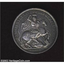 Karl XI silver medal 1671, St. George slaying dragon with date below/Crowned C's in chain, Hildebran