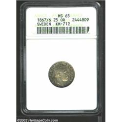 Carl XV 25 Ore 1867/6, KM712, MS65 ANACS, a true Gem that is accented in russet and sea-green shades