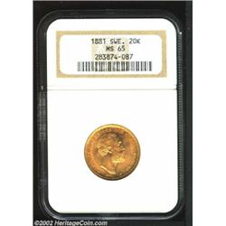 Oscar II Gold 20 Kronor 1881EB, KM748, MS65 NGC, one of the scarcer dates of the type. Important not