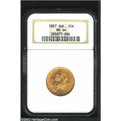 Oscar II Gold 20 Kronor 1887EB, KM748, MS64 NGC, the first of two Mint State examples. Important not