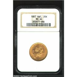 Oscar II Gold 20 Kronor 1887EB, KM748, MS64 NGC, the first of two Mint State examples. Important not