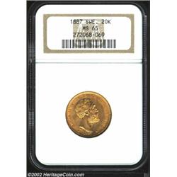 Oscar II Gold 20 Kronor 1887EB, KM748, MS65 NGC. Very scarce date. Important notice: We expect to be