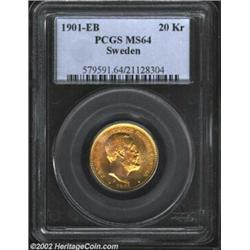 Oscar II Gold 20 Kronor 1901EB, KM765, MS64 PCGS. Important notice: We expect to be auctioning lots.