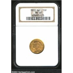 Confederation gold 10 francs 1922, Girl's head left/Date and value, F-504, KM-36, MS65 NGC. Importan