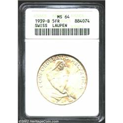 5 Francs 1939B Laupen, KM42, MS64 ANACS. Rare type. Important notice: We expect to be auctioning lot