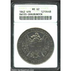 Graubunden. Shooting Festival 4 Francs 1842, KM17, MS62 ANACS, glassy pearl-gray surfaces are strong