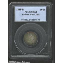 Pius IX 10 baiocchi 1858-B year XIII, Tiara and crossed keys over arms/Date and value in wreath, Ber