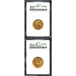 Franco-Prussian Gold Duo: France 20 Francs 1868BB, AU58 ANACS and Germany-Prussia 20 Mark 1887A, AU5