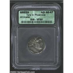 Phoenicia, Tyre,, 46-47 AD, AR tetradrachm. Laureate head of Melqart/Eagle standing left, club in fi