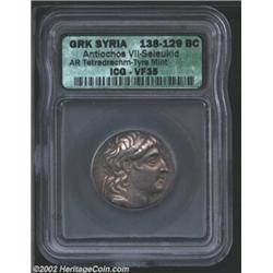 Syria, Kings of. Antiochos VII, 138-129 BC, AR tetradrachm, Tyre Mint. Diademed head of king right/E